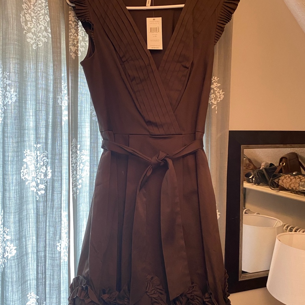 Max & Cleo Brown V-Neck Pleated Waist Tie Dress